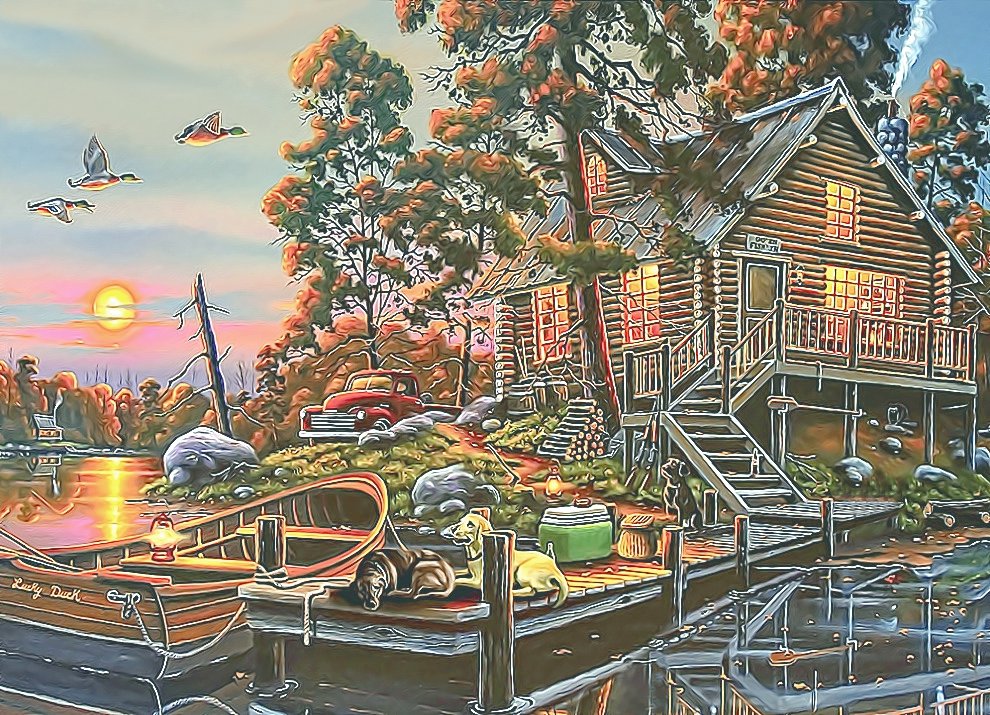 №2131404 - лодка, собачки, закат, машина, река, вечер, домик, утки - оригинал