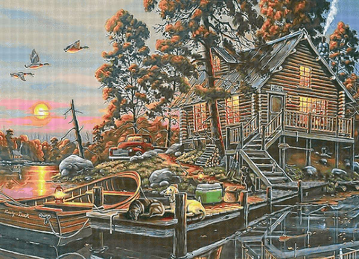 №2131404 - утки, домик, собачки, закат, вечер, машина, лодка, река - предпросмотр