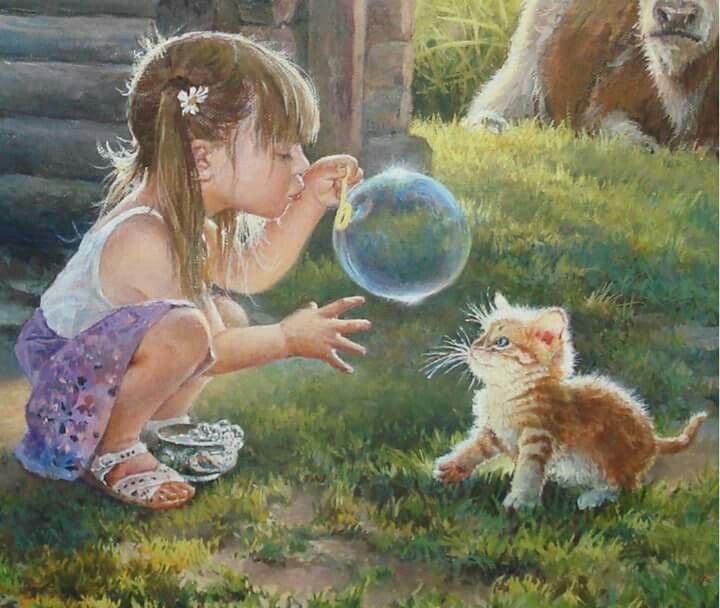 Лето в деревне. Леонович Владислав Николаевич - дети, деревня, живопись, девочка, котенок - оригинал