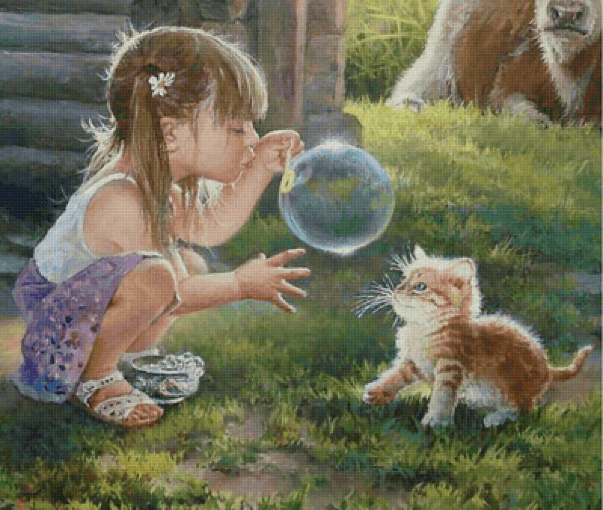 Лето в деревне. Леонович Владислав Николаевич - деревня, девочка, живопись, дети, котенок - предпросмотр