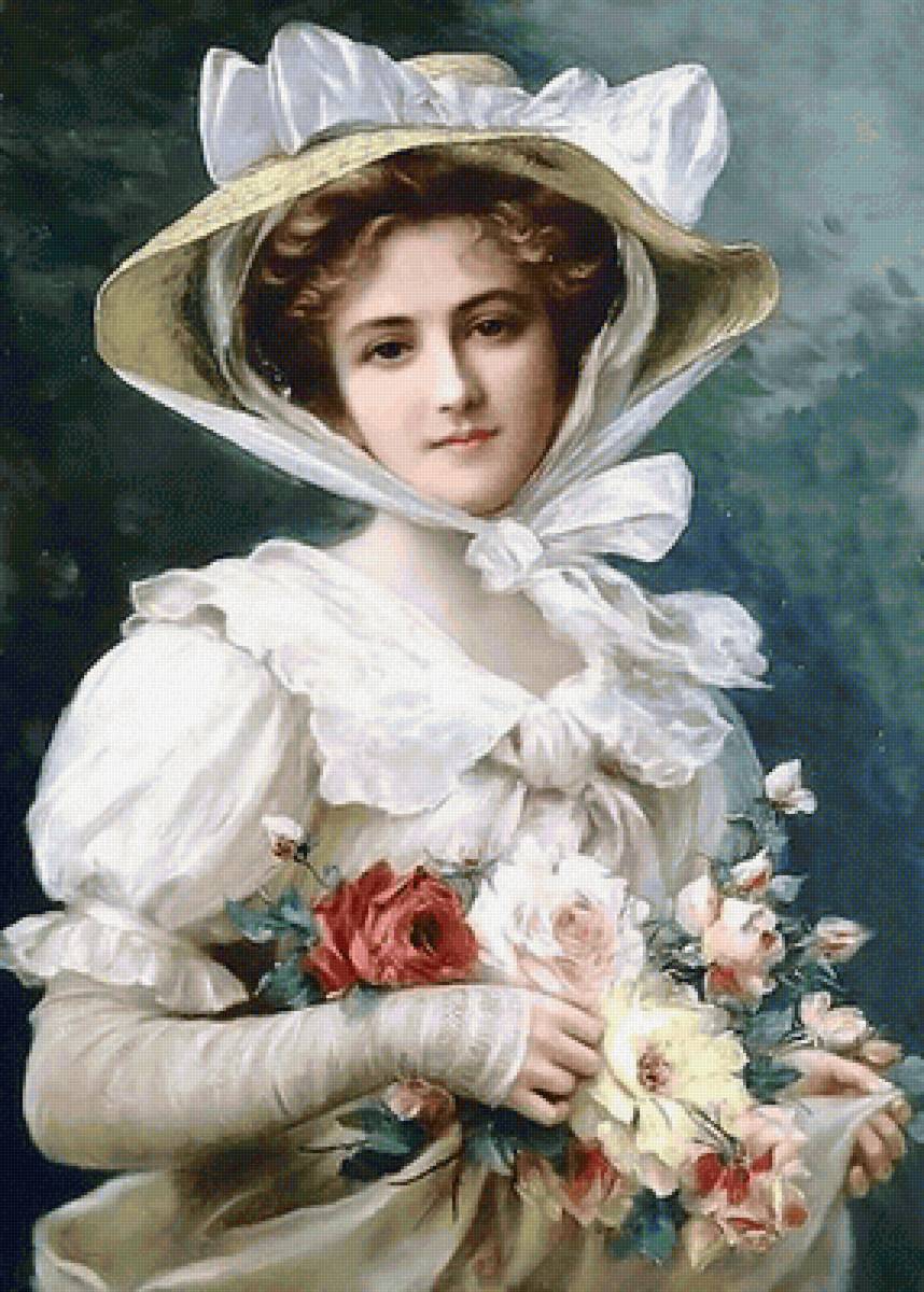 Дама с розами. Эмиль Вернон - девушка, 19 век, портрет, живопись, женщина, дама - предпросмотр