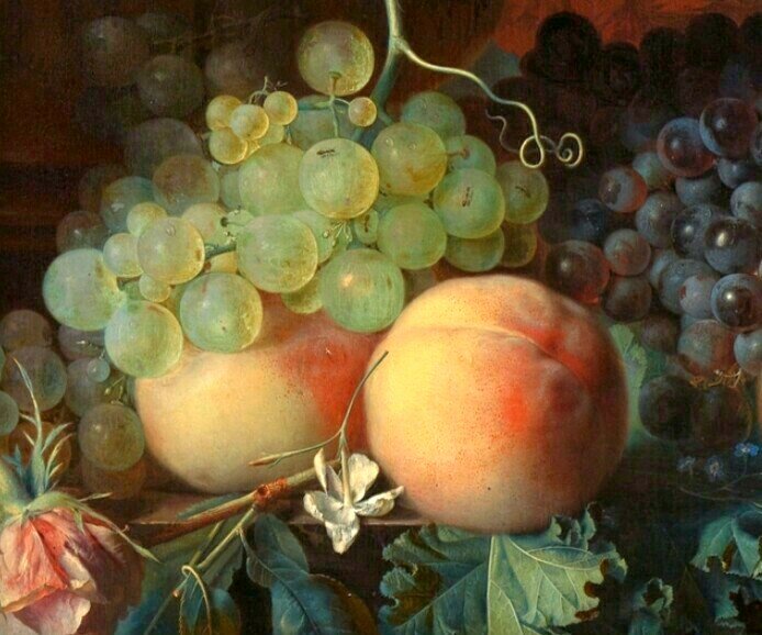 Натюрморт - персики, фрукты, виноград - оригинал