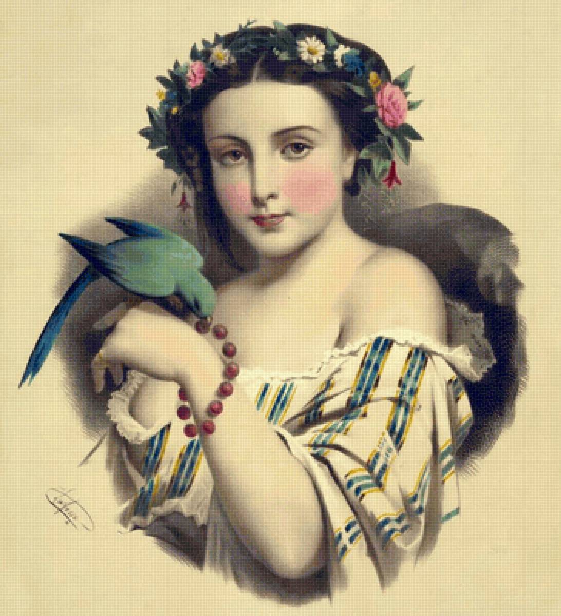 Литографии Josephine Ducollet - портрет, попугай, 19 век, девушка, живопись - предпросмотр