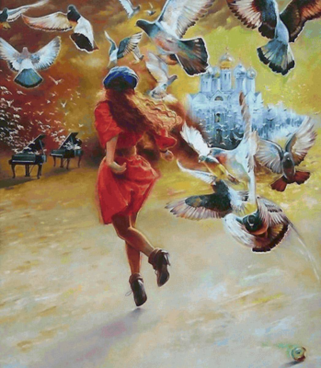 Голуби - девушка, храм, голуби, рояль - предпросмотр