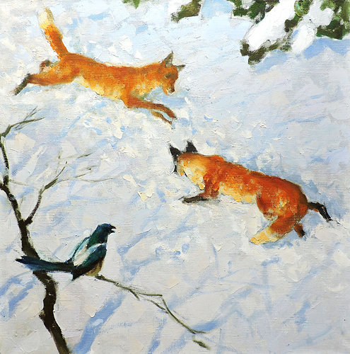 Рыжая парочка и сорока - природа, лисий гон, весна - оригинал