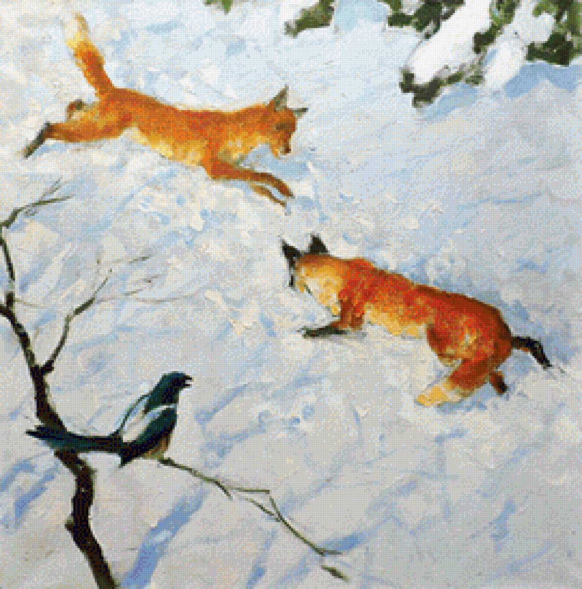 Рыжая парочка и сорока - лисий гон, весна, природа - предпросмотр