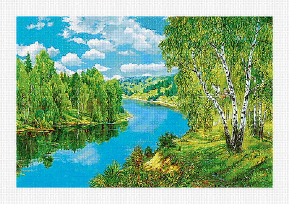 Пейзаж. - река, пейзаж, березы, живопись, природа - предпросмотр