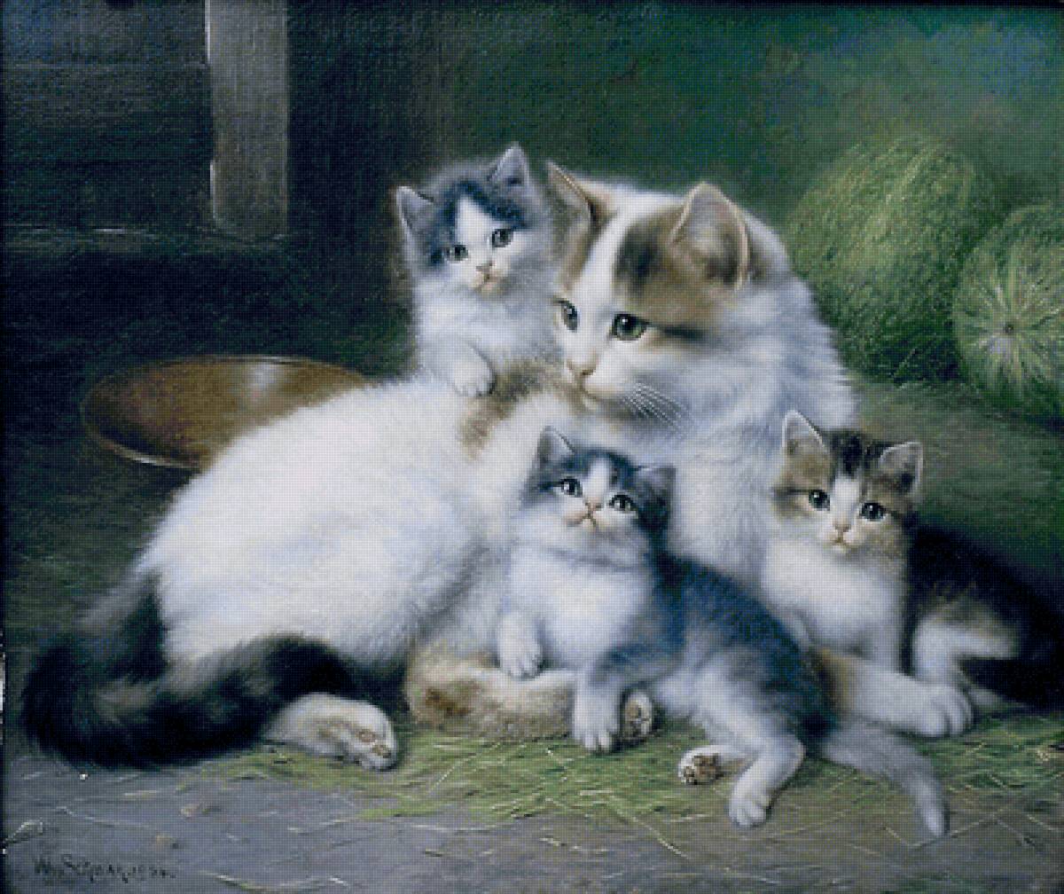 Кошачье семейство. Wilhelm Friedrich Johann Schwar - кошка, живопись, котенок - предпросмотр