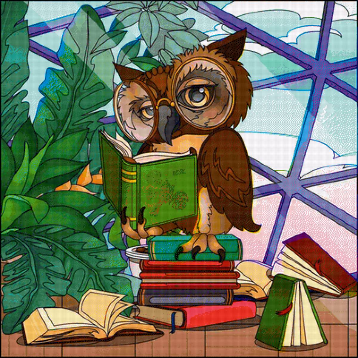 Чтец - сов, сова, очки, птица, книги, листья, животные, книга - предпросмотр