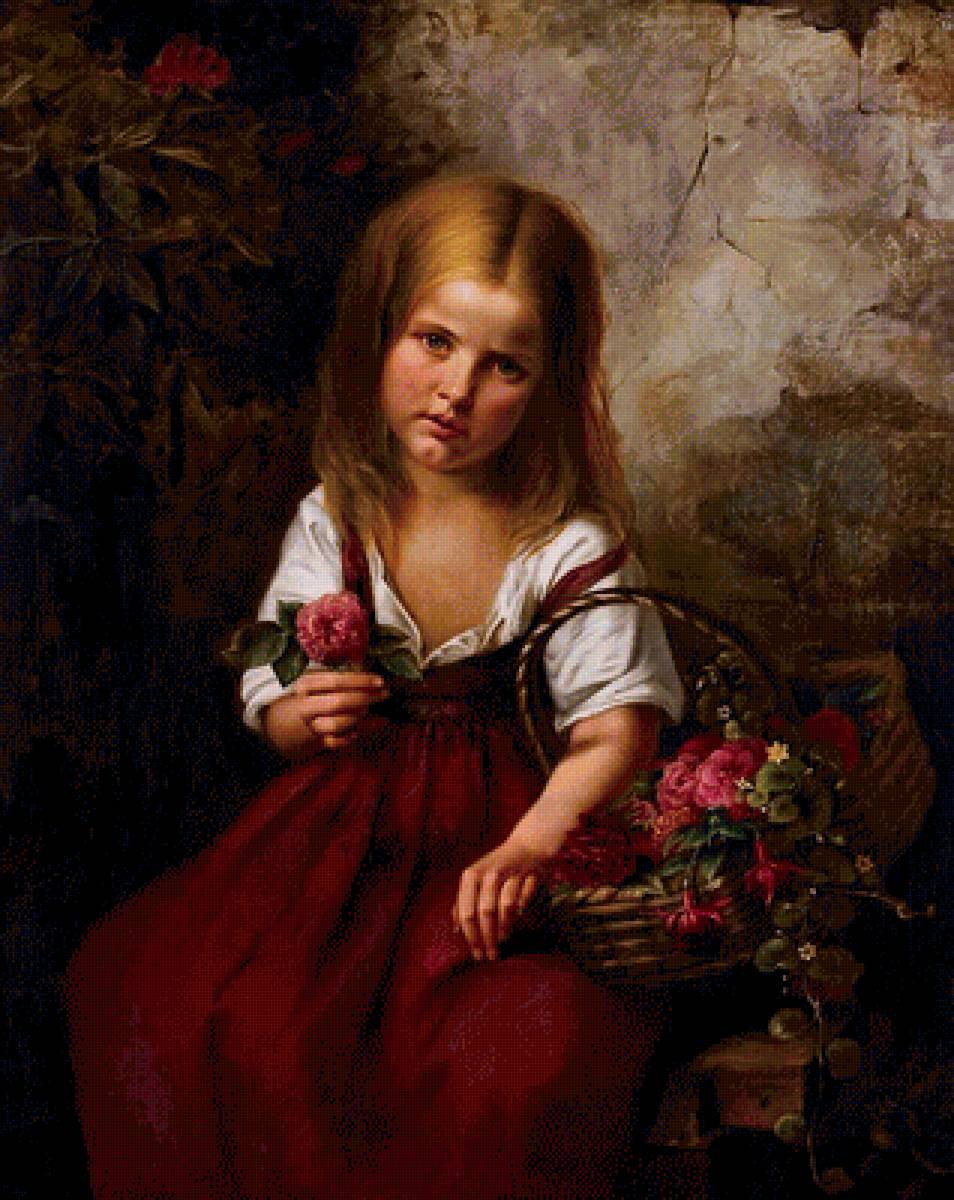 Девочка с корзиной цветов. Эмма фон Мюллер - цветы, портрет, живопись, 19 век, девочка - предпросмотр