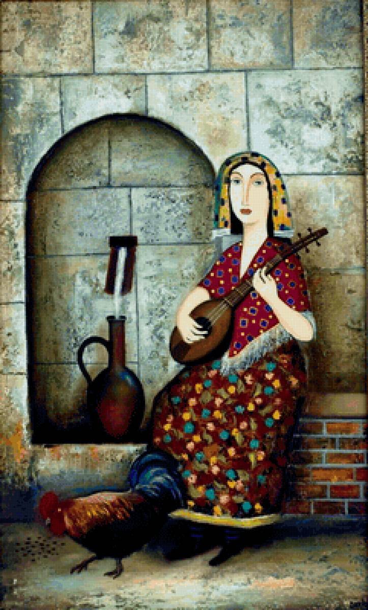 Грузинский дворик. Давид Мартиашвили - девушка, грузия, петух, живопись - предпросмотр