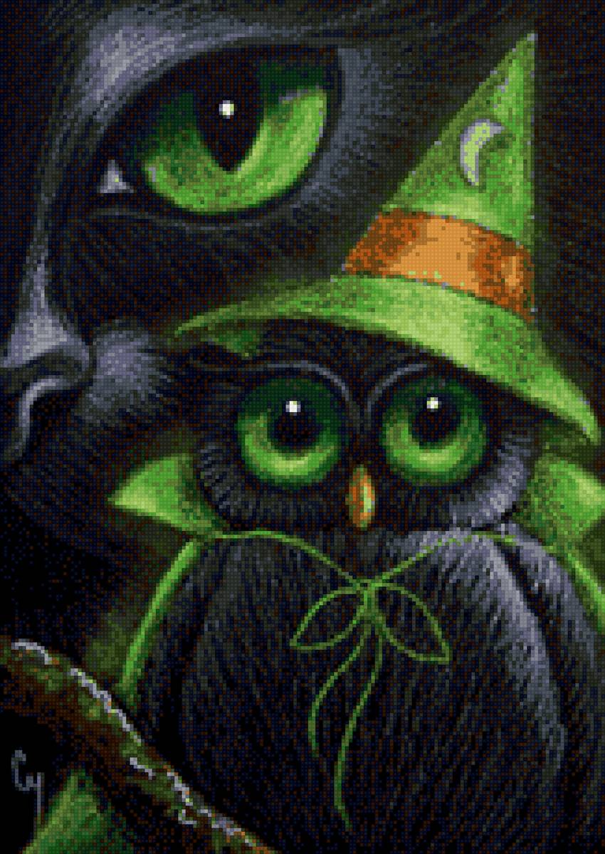 кот и сова - кот, графика, глаза, сова - предпросмотр