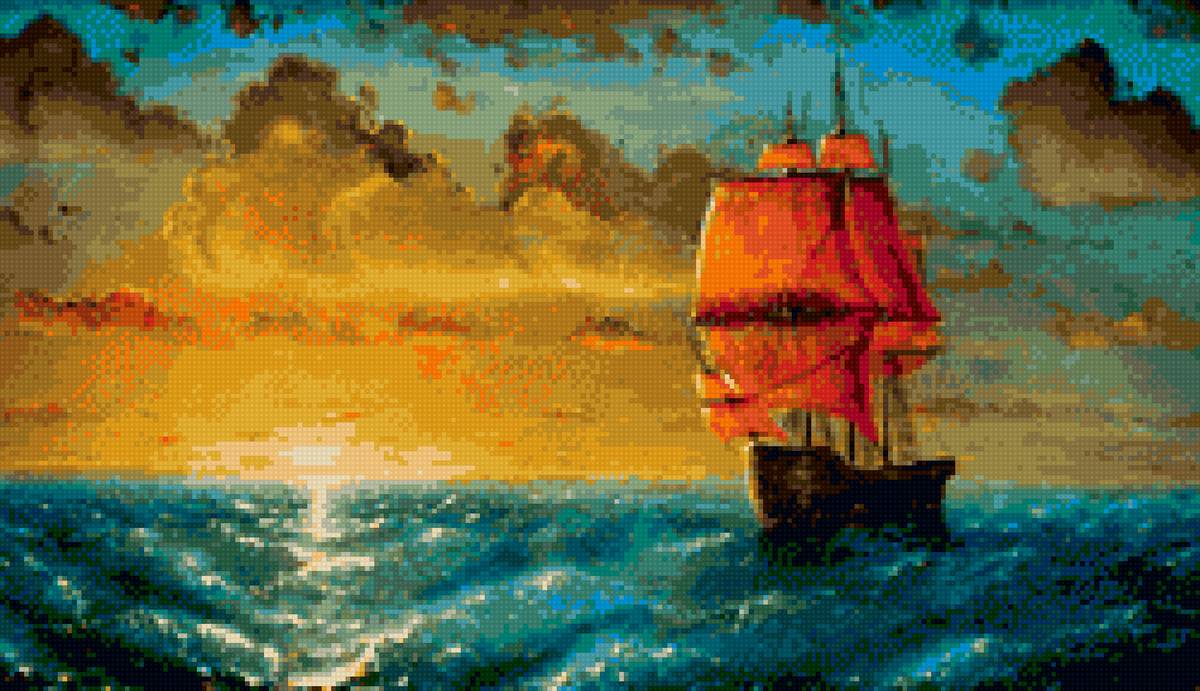 парусник - море, закат, парусник - предпросмотр