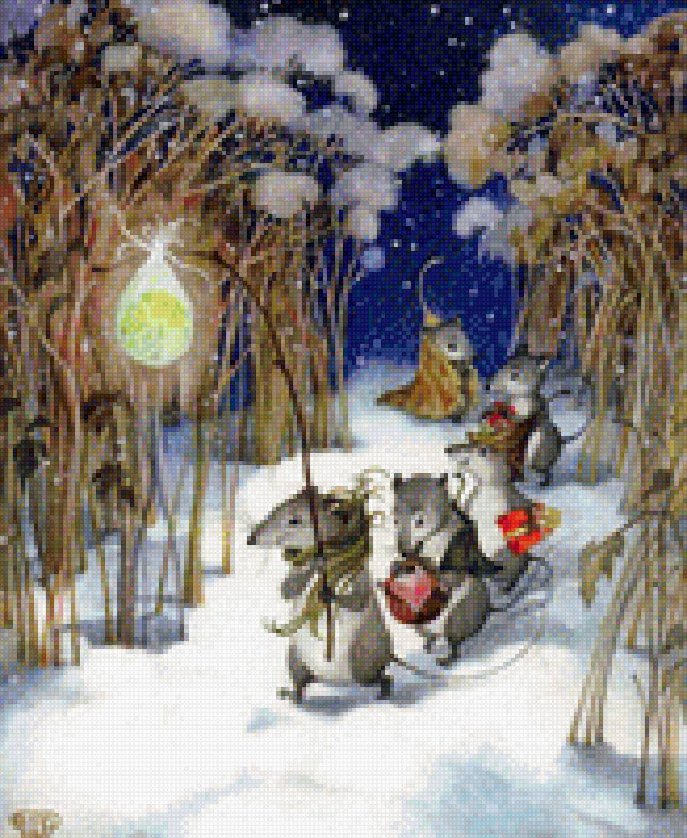 Путеводная звезда - ольга йонайтис, снег, зима, фонарик, ночь, мыши - предпросмотр