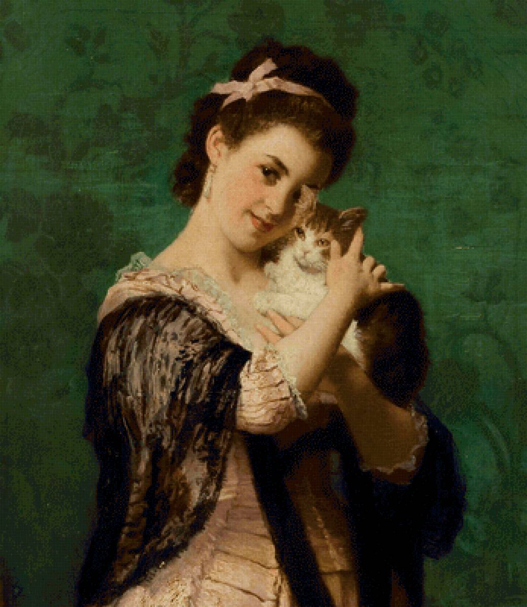 Девушка с кошкой. Джозеф Карауд - 19 век, девушка, портрет, кошка, живопись - предпросмотр