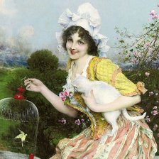 Схема вышивки «Франческо Винеа. Девушка с кошкой и птичкой»