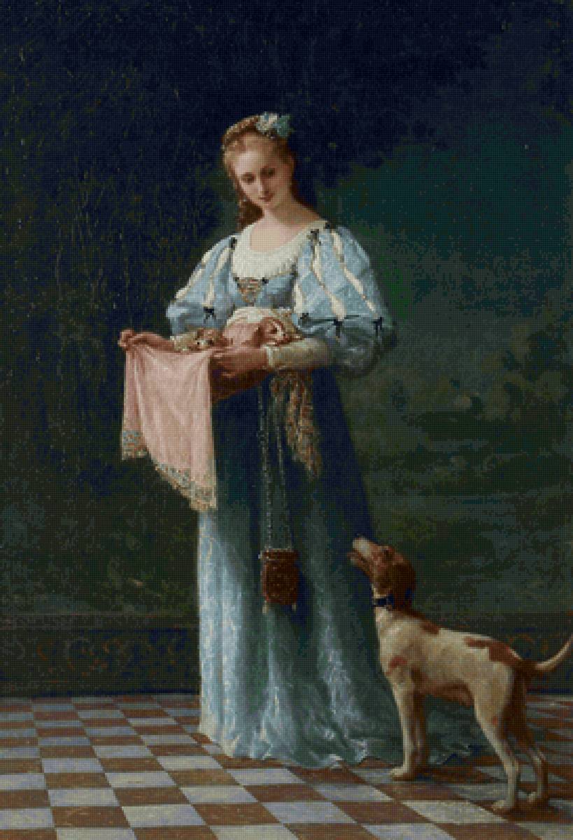 Девушка со щенками. Гюстав Дуайен - 19 век, девушка, живопись, собака - предпросмотр