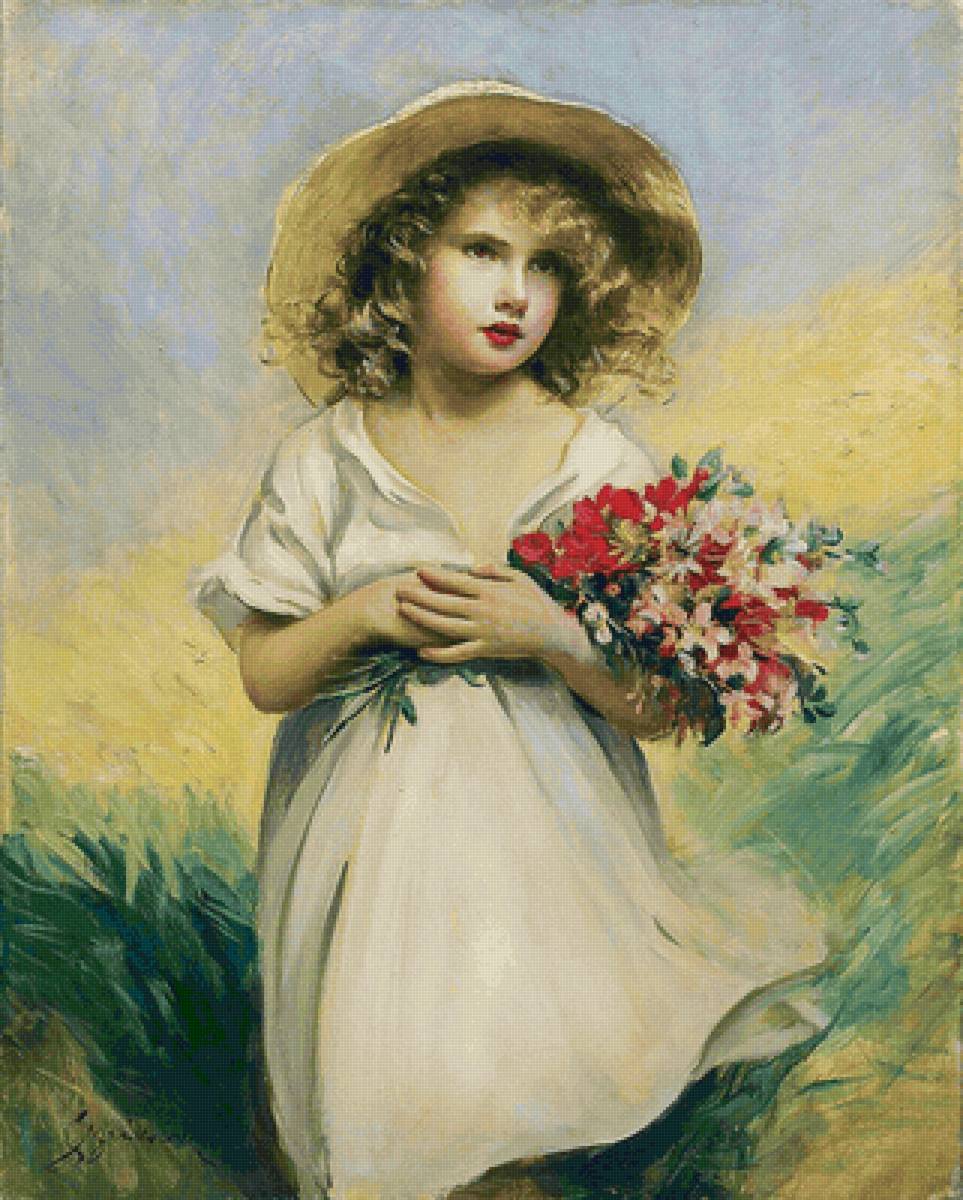 Boleslaw Von Szankowsk. Девочка с букетом - портрет, цветы, девочка, букет, живопись - предпросмотр