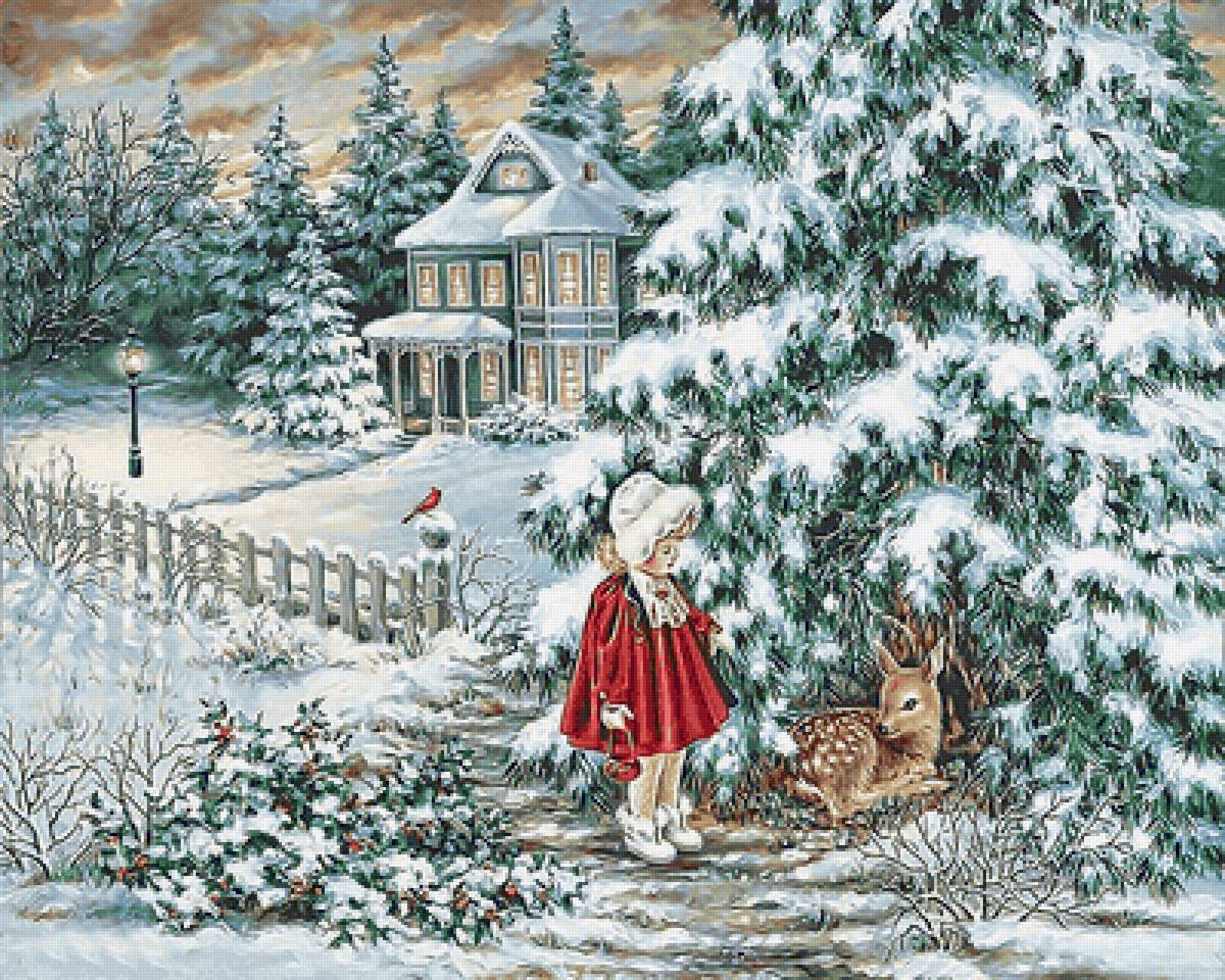 №2144183 - фонарь, девочка, домик, зима, елки, дети - предпросмотр