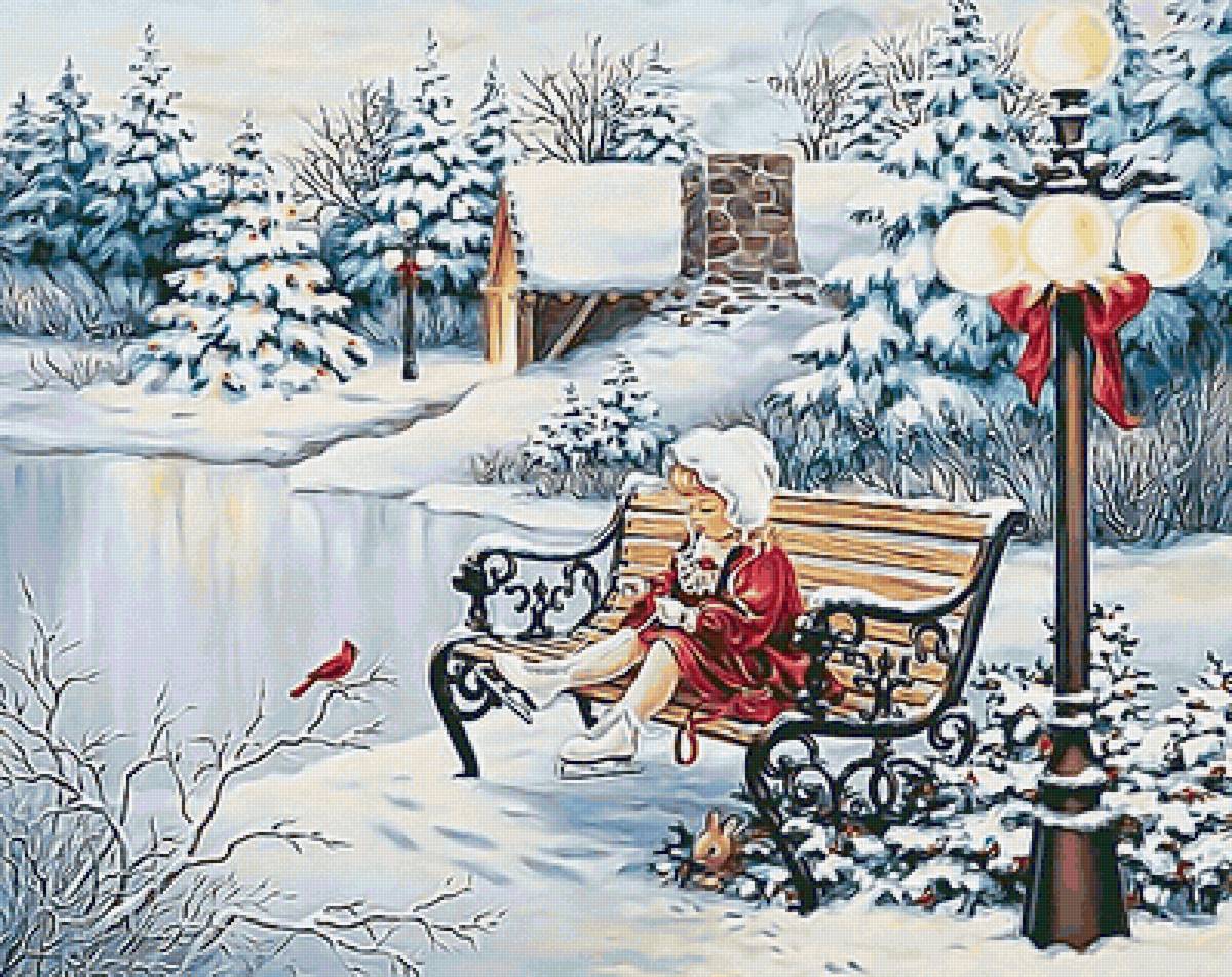 №2144185 - зима, дети, домик, фонарь, девочка, елки - предпросмотр