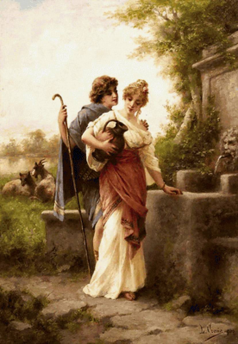 У колодца. Luigi Crosio - девушка, 19 век, парень, живопись - предпросмотр