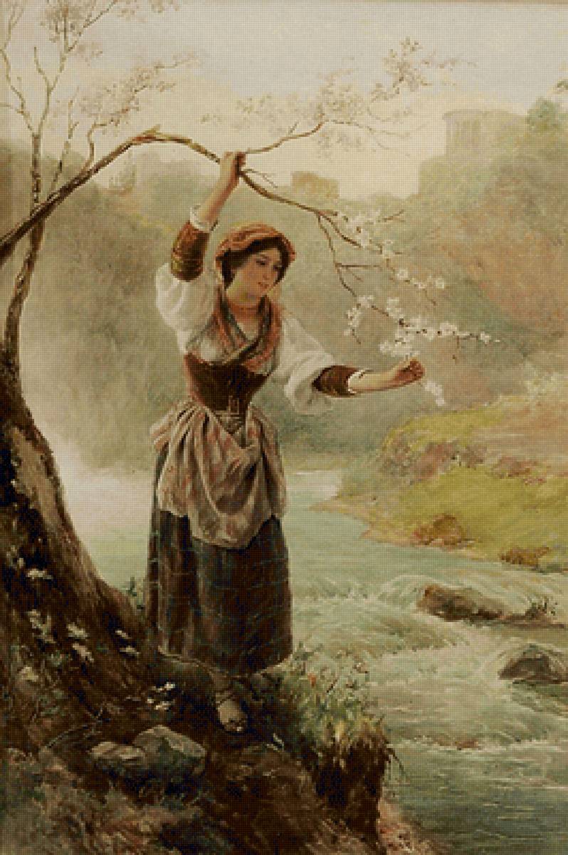 У реки. Luigi Olivetti - 19 век, девушка, живопись, пейзаж - предпросмотр