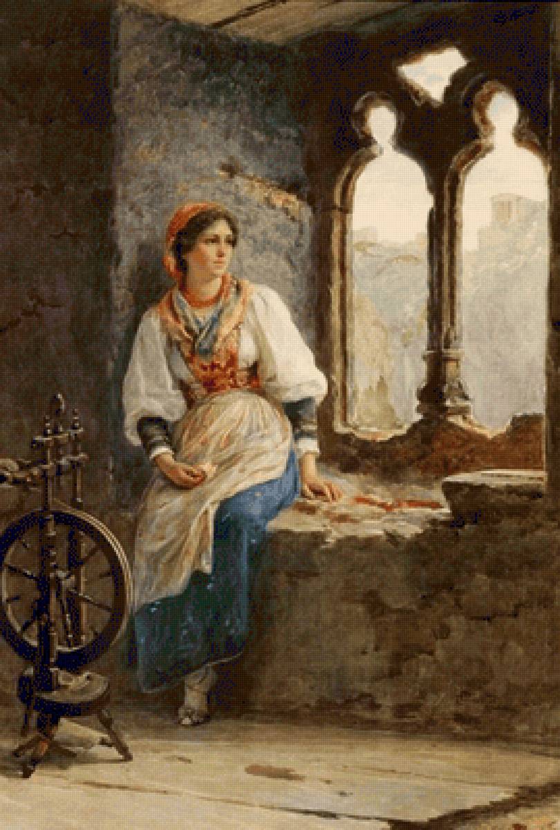 Девушка с прялкой. Luigi Olivetti - живопись, 19 век, девушка - предпросмотр