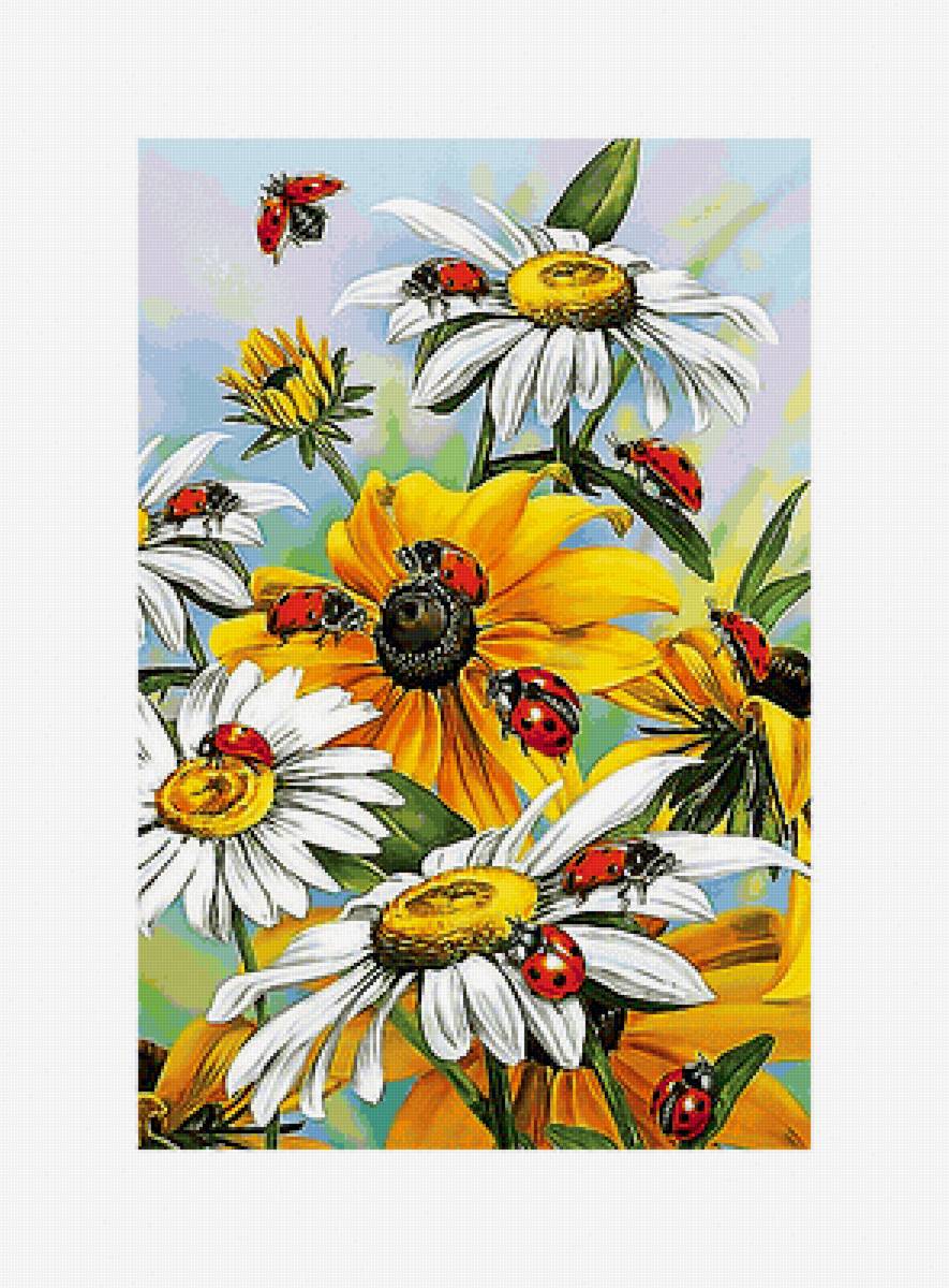 Ромашки и божьи коровкиё - живопись, божьи коровки, ромашки, цветы - предпросмотр