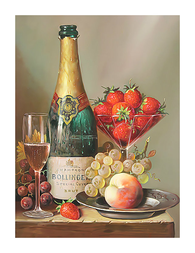 Натюрморт с вином. - вино, бокал, бутылка, фрукты, ягоды, натюрморт, виноград - оригинал