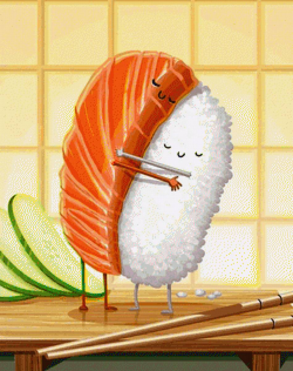 Together forever - japanese food, sushi, hug, salmon, food, cute, rice, japan, eat - предпросмотр