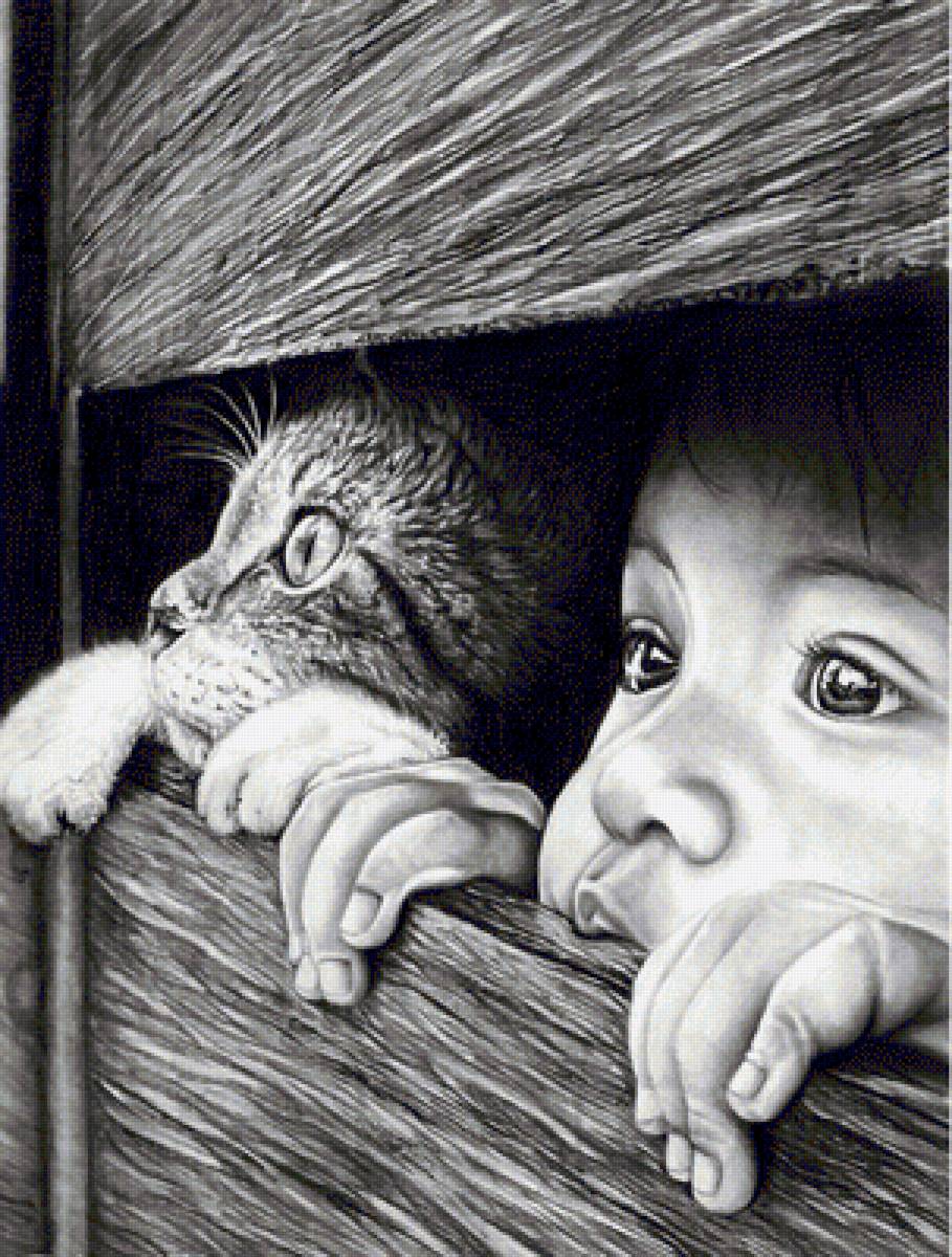 Мальчик с кошкой - кошка, ребенок - предпросмотр