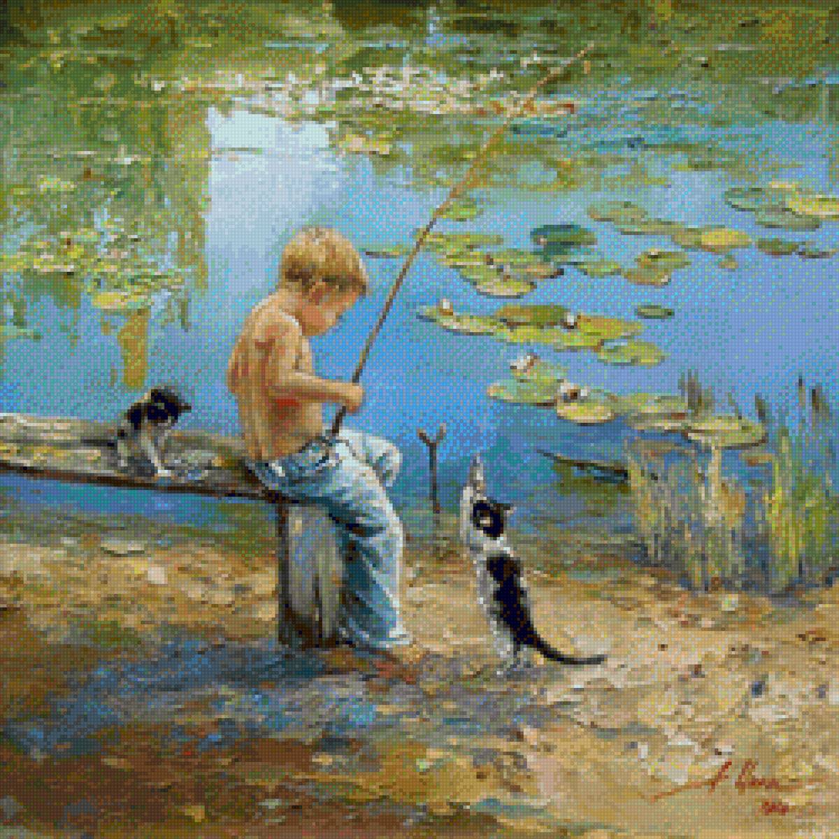 Наконец-то завтрак! - кошки, рыбалка, мальчик, пруд - предпросмотр