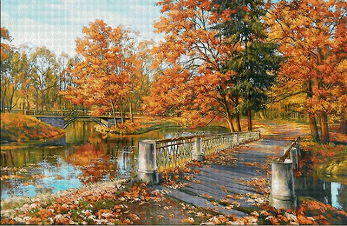 Мостик в осеннем парке - мост, осень, деревья, река, парк, пейзаж - предпросмотр