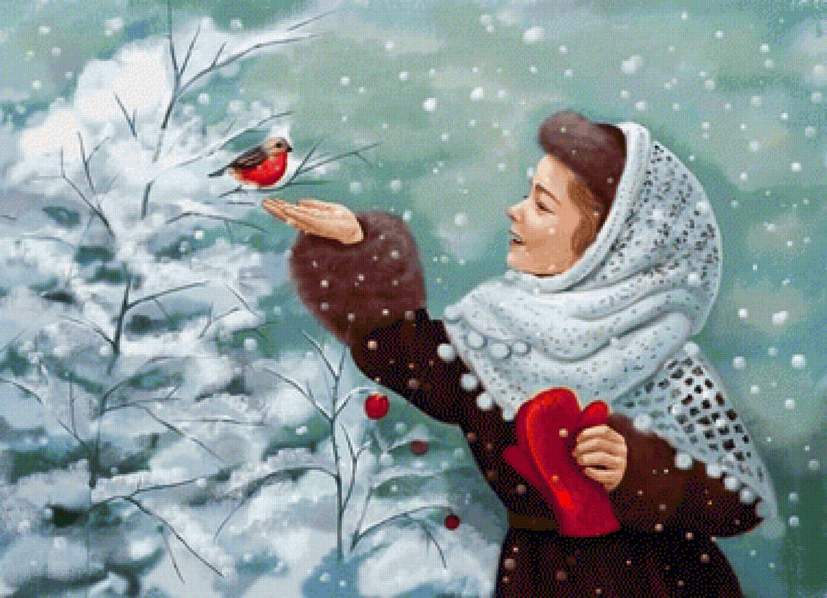 Девочка и снегирь - птицы, зима, девочка - предпросмотр