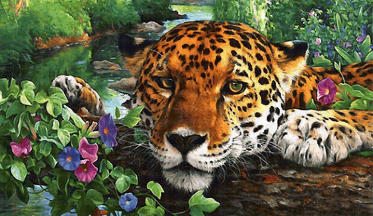 леопард - река, леопард, цветы - предпросмотр