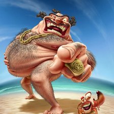 ВОЛОСАТЫЙ ТОЛСТЯК С КРАБОМ НА ПЛЯЖЕ