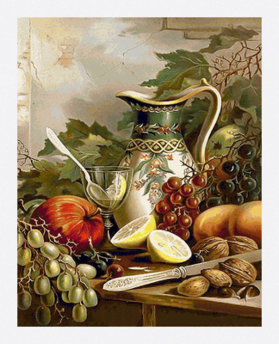 Натюрморт с кувшином - кувшин, виноград, натюрморт, тыква - предпросмотр