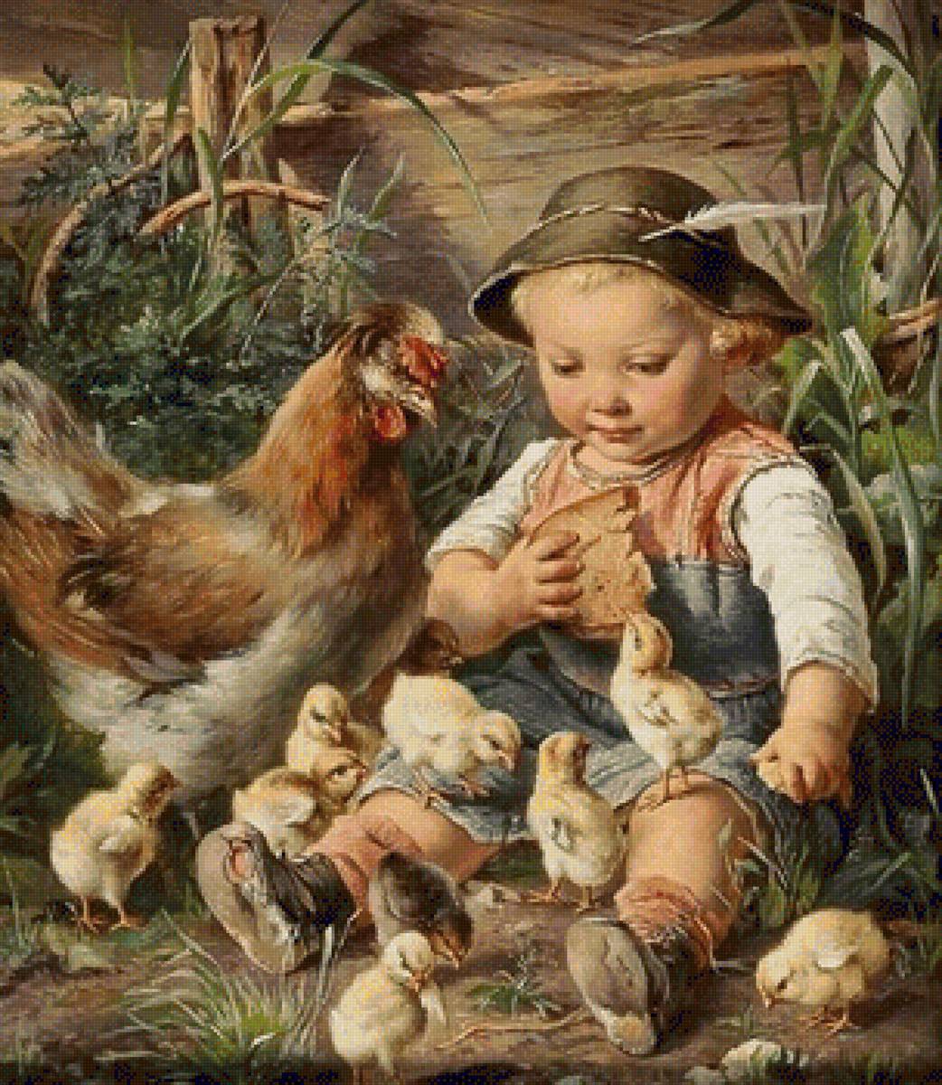 Boy with chicks - children, chicken, animal, boy, chick - предпросмотр