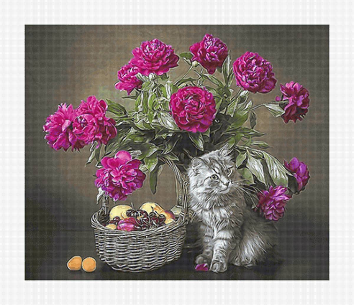 №2151487 - корзинка, цветы, кот, натюрморт, пионы, фрукты - предпросмотр