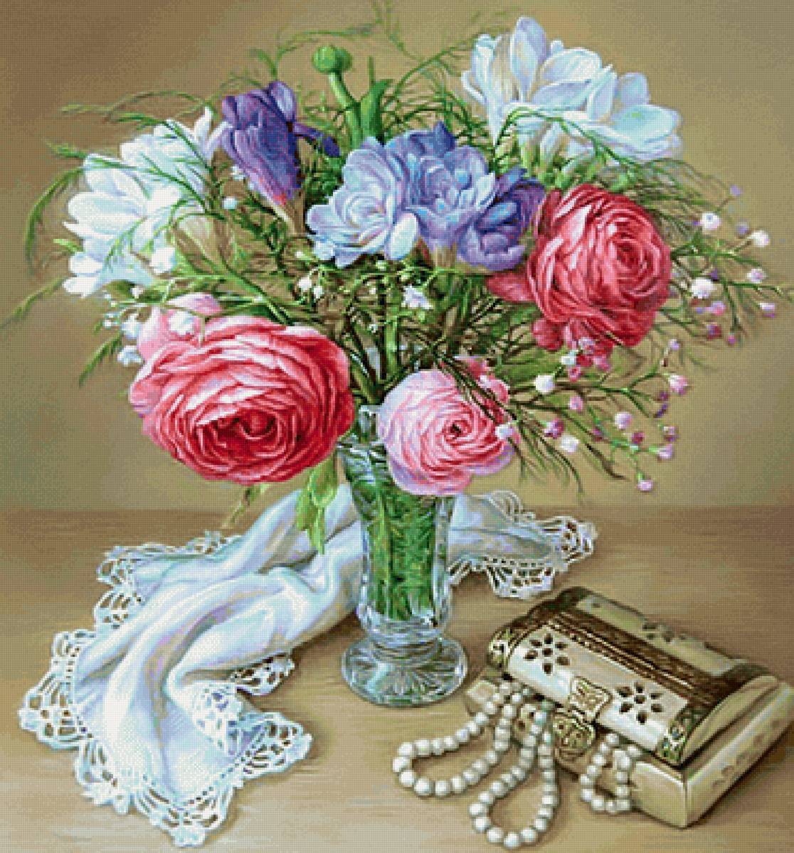 Натюрморт со шкатулкой - пионы, ваза, цветы, натюрморт, шкатулка, украшения - предпросмотр