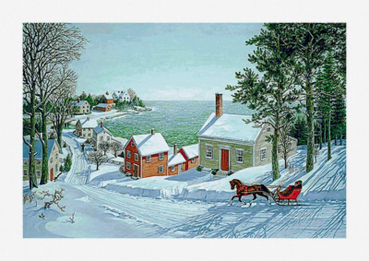 №2154565 - зима, сосны, домик, поселок, лошадь, сани - предпросмотр