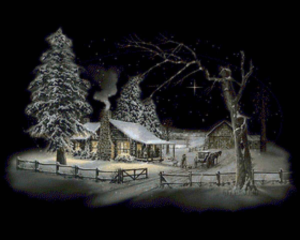 Зима 45 - картина, зима, ніч, будинок., пейзаж - предпросмотр