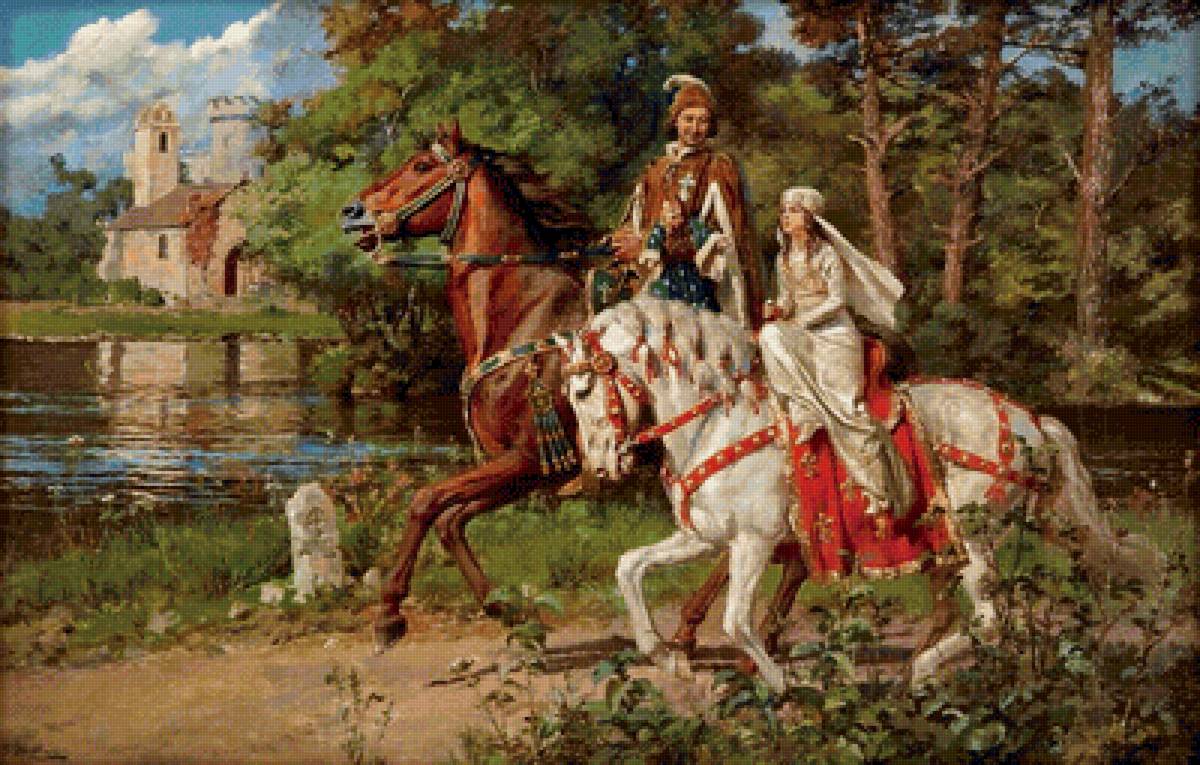 Прогулка - девочка, верховая езда, лошади, мужчина - предпросмотр