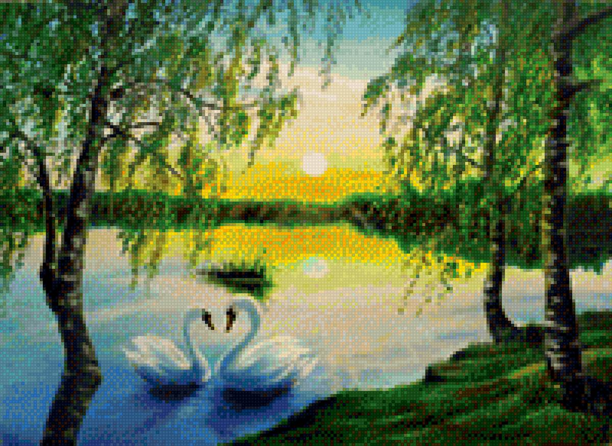 Лебеди на пруду - лебеди, пруд, природа - предпросмотр