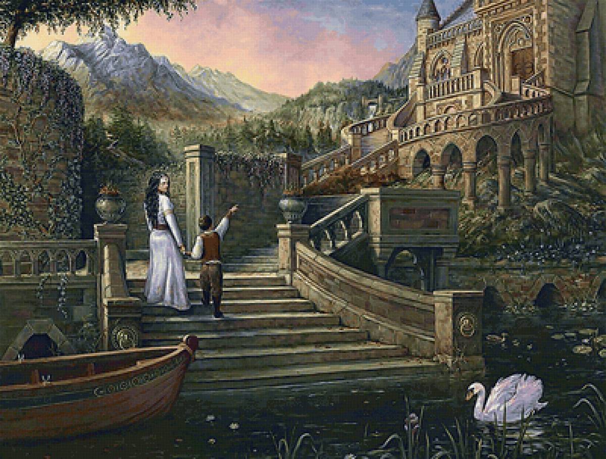 №2157011 - замок, лестница, люди, лебедь, горы, лодка - предпросмотр