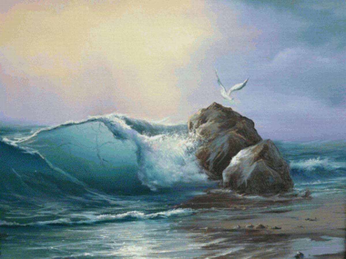 Шторм - чайки, волна, пейзаж, море, вода, шторм, скалы, птицы, природа - предпросмотр