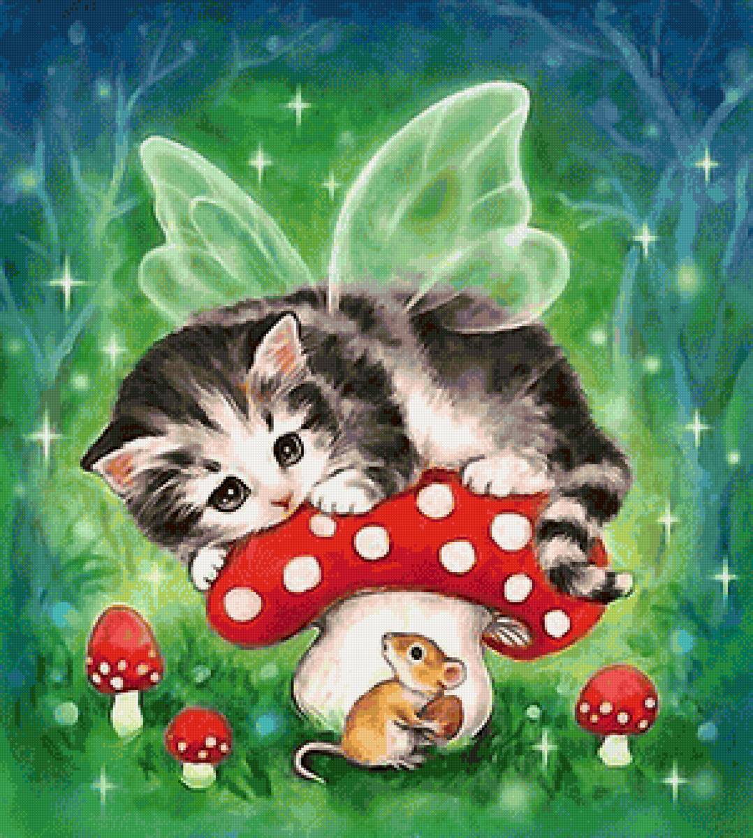 котёнок - мышь, котенок, грибы - предпросмотр