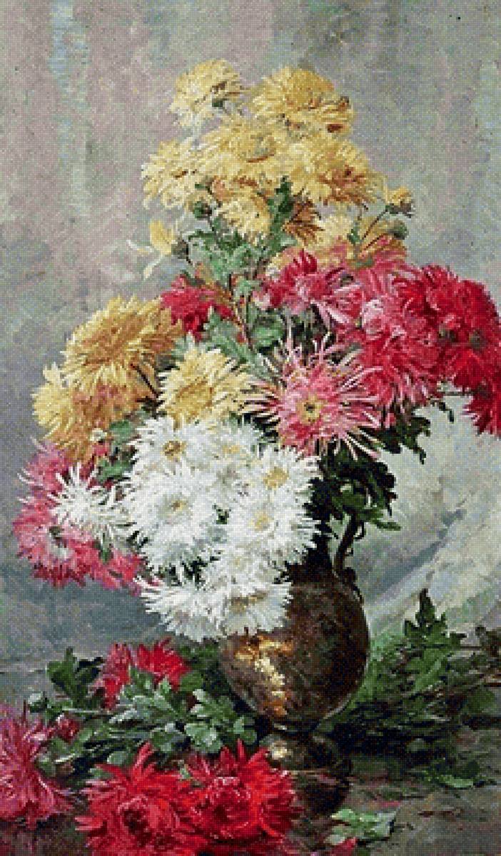 цветы в вазе - цветы, ваза, гобелен, хризантемы - предпросмотр