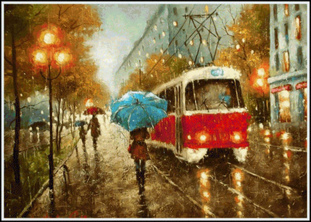 В городе дождь - дождь, рисунок, город, пейзаж - предпросмотр