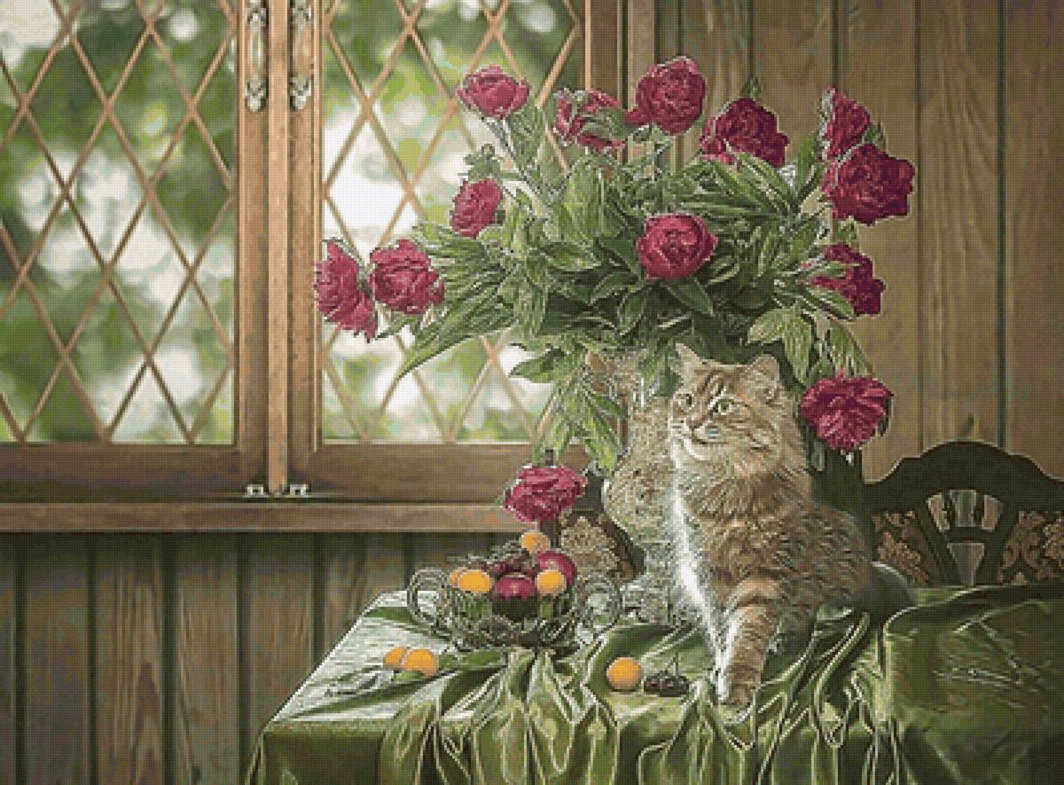 №2157539 - кот, пионы, фрукты, натюрморт, букет, цветы - предпросмотр